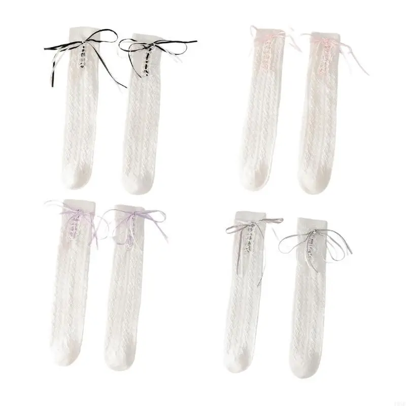 195E Calzini alti ginocchio per bambine e ragazze, calzini per stivali in cotone, fiocchi dolci, calzini polpaccio, regali