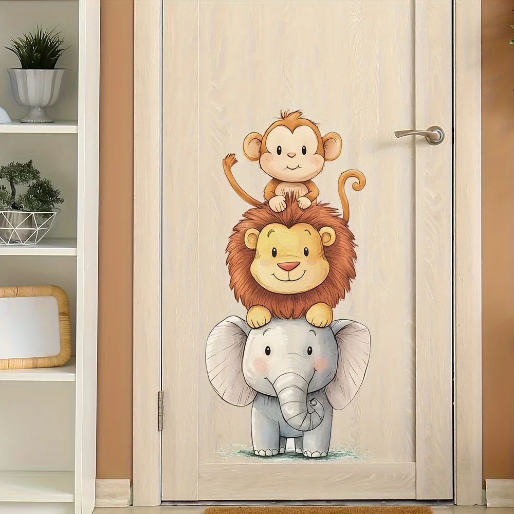 1pc  Cartoon Stacked Animal Theme Wall Decal, Self-Adhesive Decorative Sticker,Suitable for Kids Room,Bedroom,Living Room,Doors