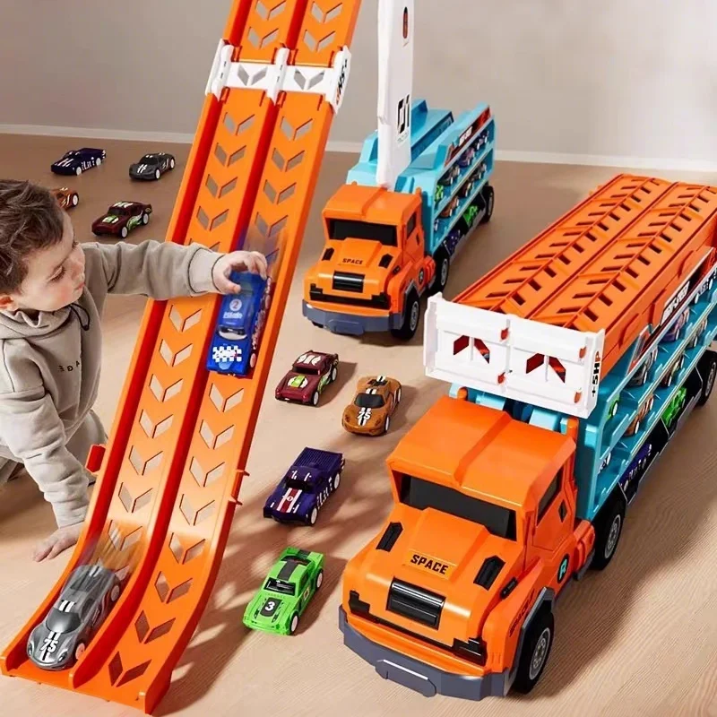 

Folding Track Racing Car 3 Layer Deformed Lift Racetrack Rail Car Freight Truck Glide Inertia Alloy Transport Toy Kid Boy Gifts