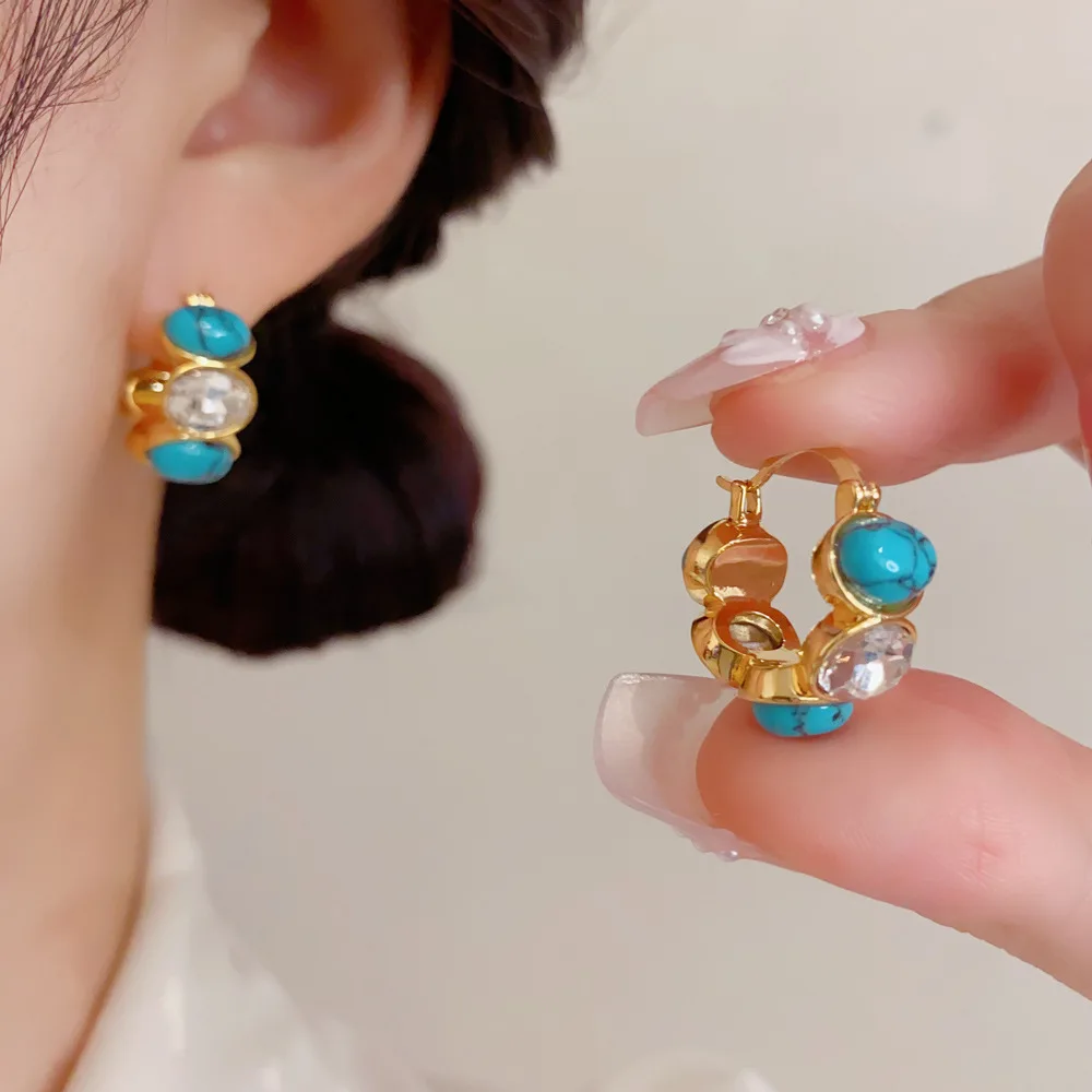Retro Turquoise Stone Huggie Earrings Golden Round Frame Geometric Hoop Ear Jewelry Unique Birthday Present For Girl