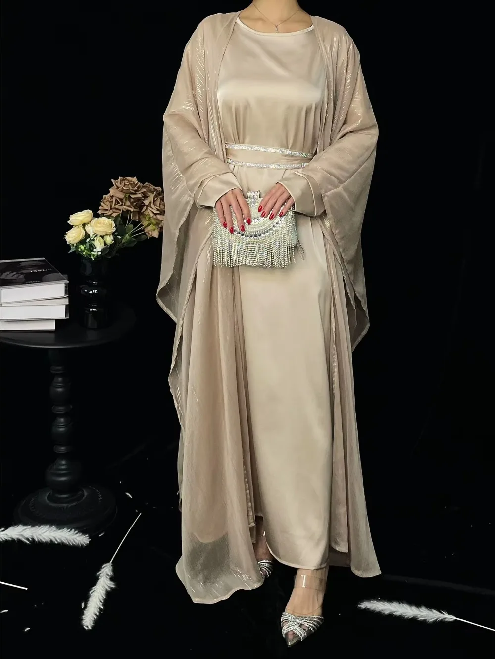 Muslim Abaya eid Suits Dresses Women Party Open 2 Piece Sets Vestidos Jalabiya Ramadan Morocco Dubai Abayas Kaftan Cardigan Robe