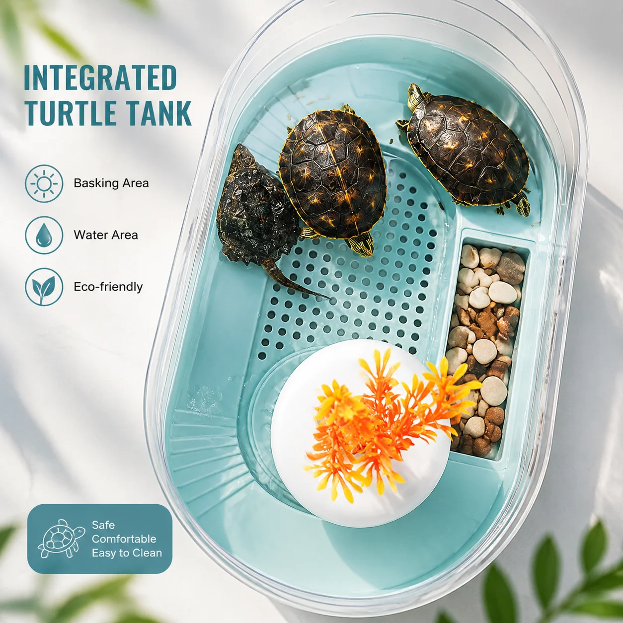 Turtle Habitat Tank with UV-Protective Feeding Area for Indoor Pet Turtle Care