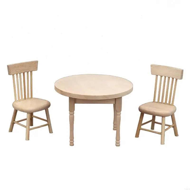 Y88D 1/12 Miniature Wooden Doll House Round Table And Chairs Set For Realistic Scene Setting Craft Project Furniture Props