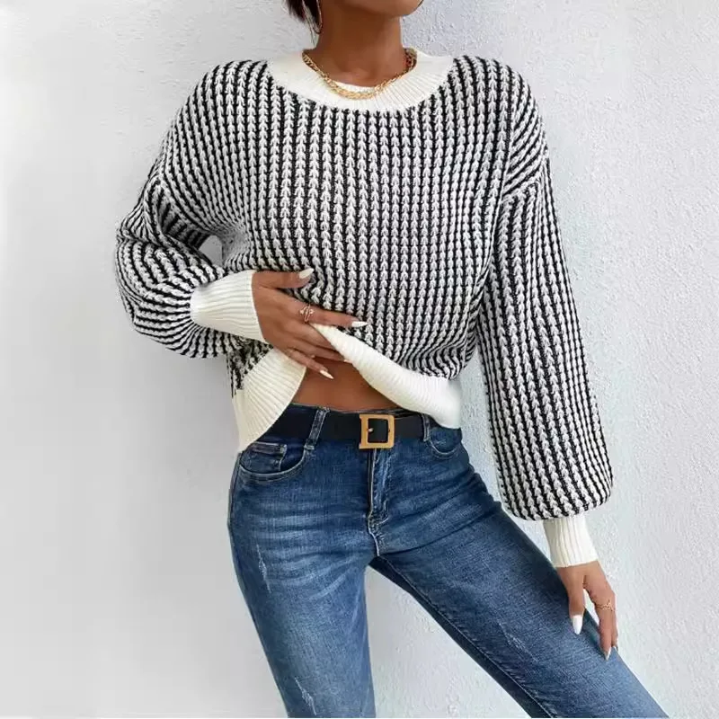 Thread Pullover Round Neck Sweater Women's Fried Dough Twists Vertical Pattern Casual Knit Top