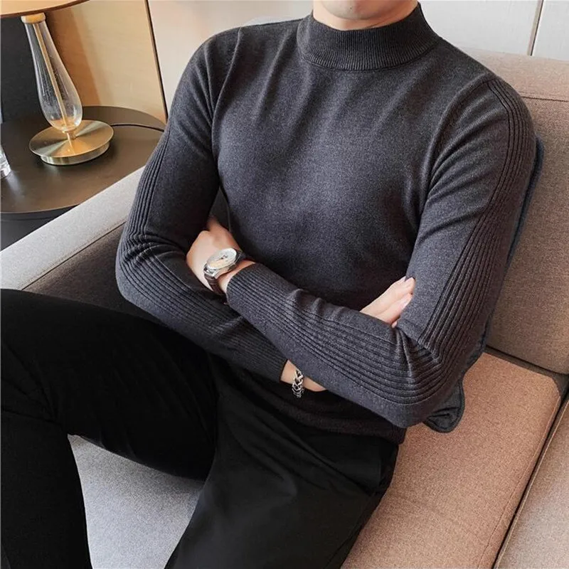 

Осень-зима, мужской тонкий свитер с высоким воротником, модные теплые вязаные пуловеры, мужские однотонные повседневные вязаные свитера в корейском стиле