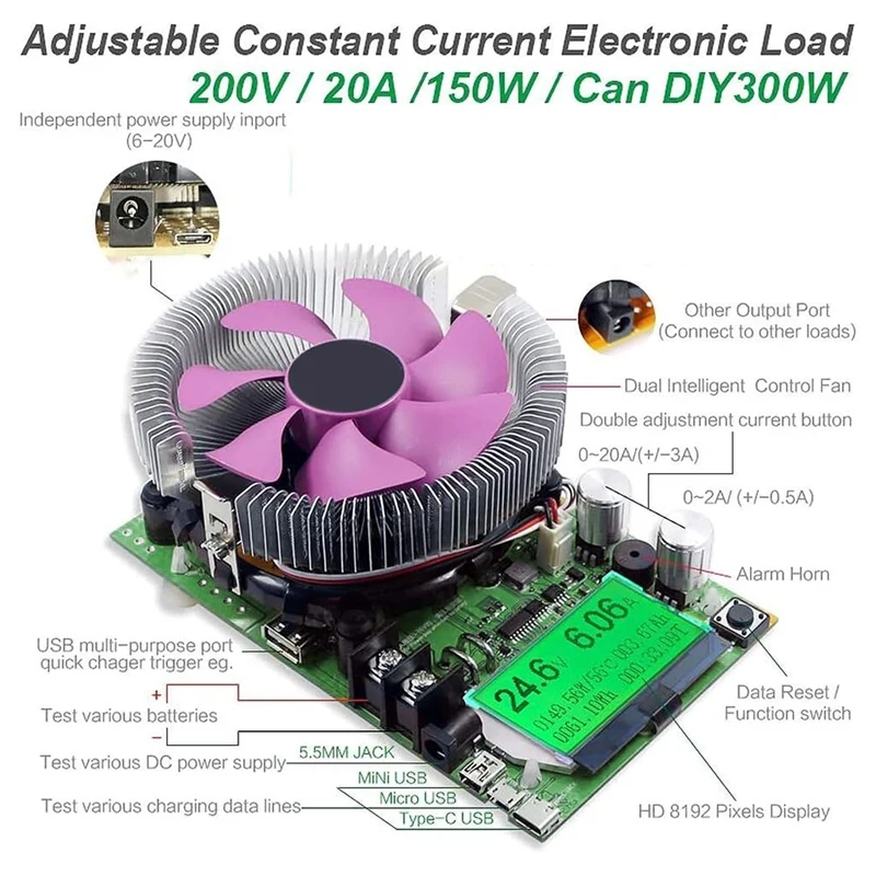 Testeur de capacité de batterie à courant constant réglable, testeur de charge électronique, résistance 20A, 150W