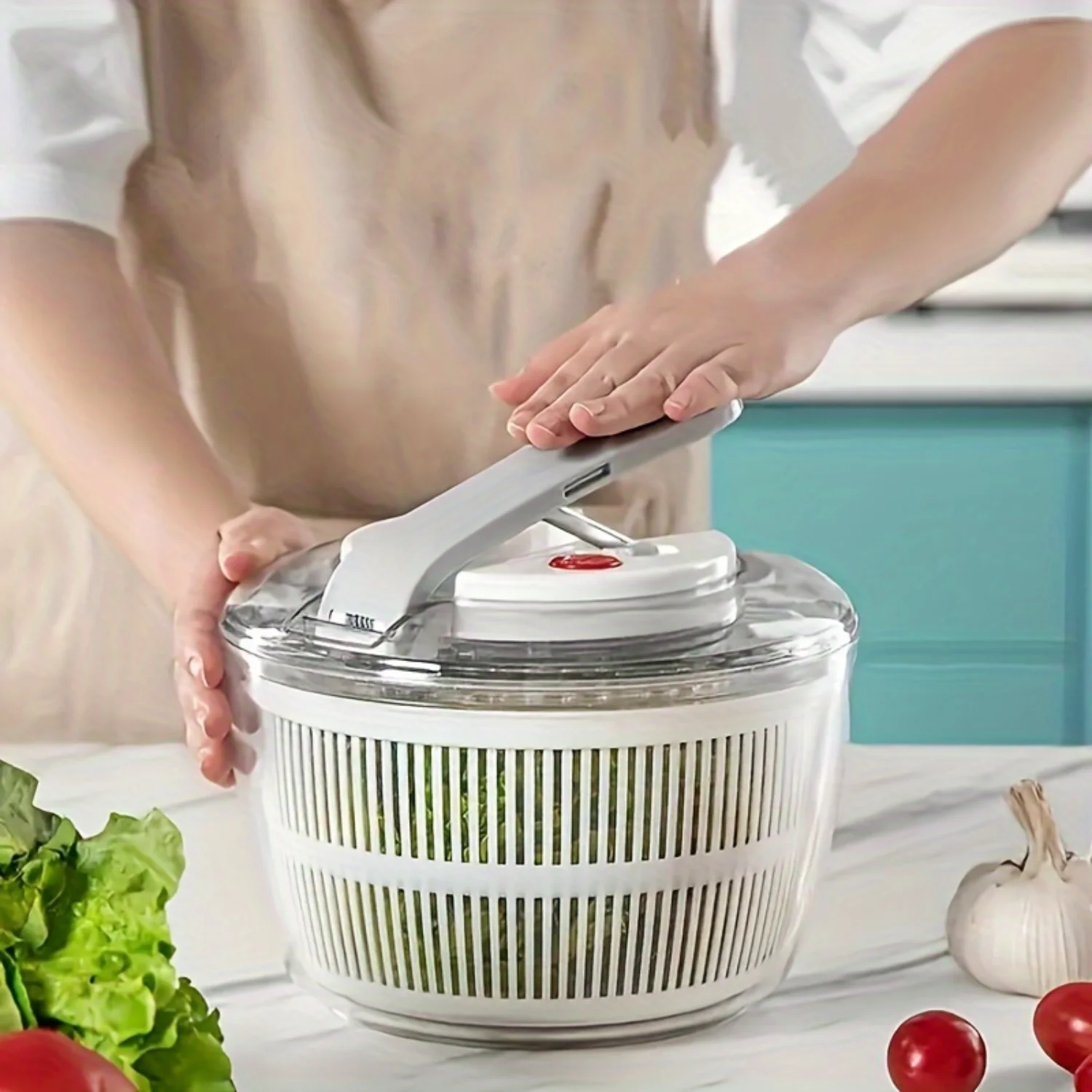 Manual Salad Spinner and Vegetable Dryer - Kitchen Gadget Set with Filter Basket - Fruit Washing and Drying Machine - Lettuce Sp