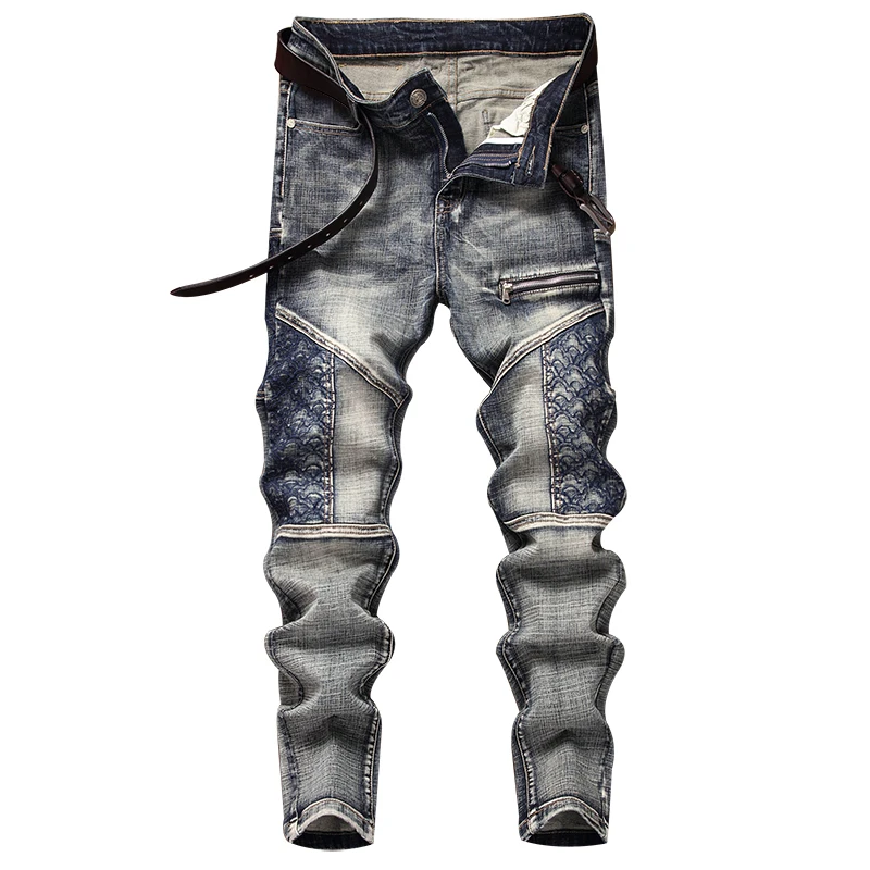 

Мужские джинсы в стиле Y2K, узкие джинсовые брюки с вышивкой в ​​стиле ретро, модные трендовые уличные брюки в стиле рок-байкер, узкие брюки