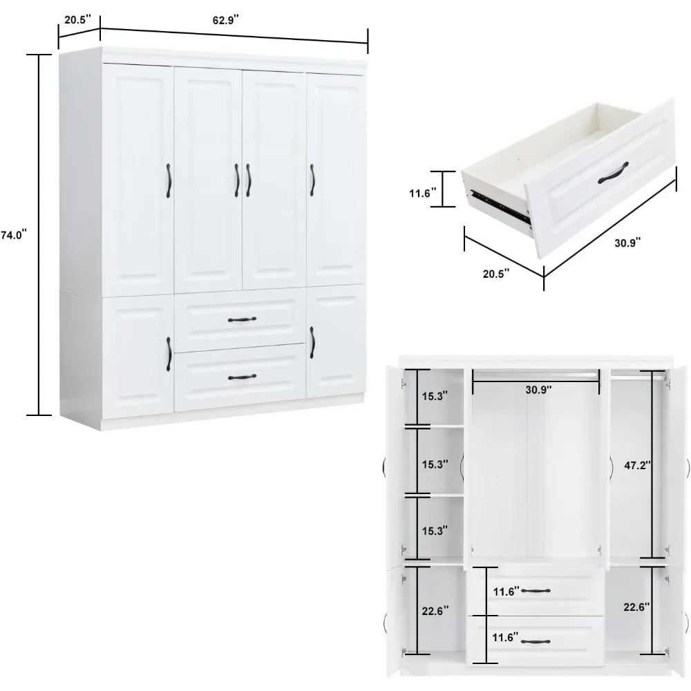 Wardrobe Closet 4 Door with Hang Rod and 5 Storage, Wood 2 Drawers Armoire Storage Cabinet for Large Capacity, Bedroom Armoires