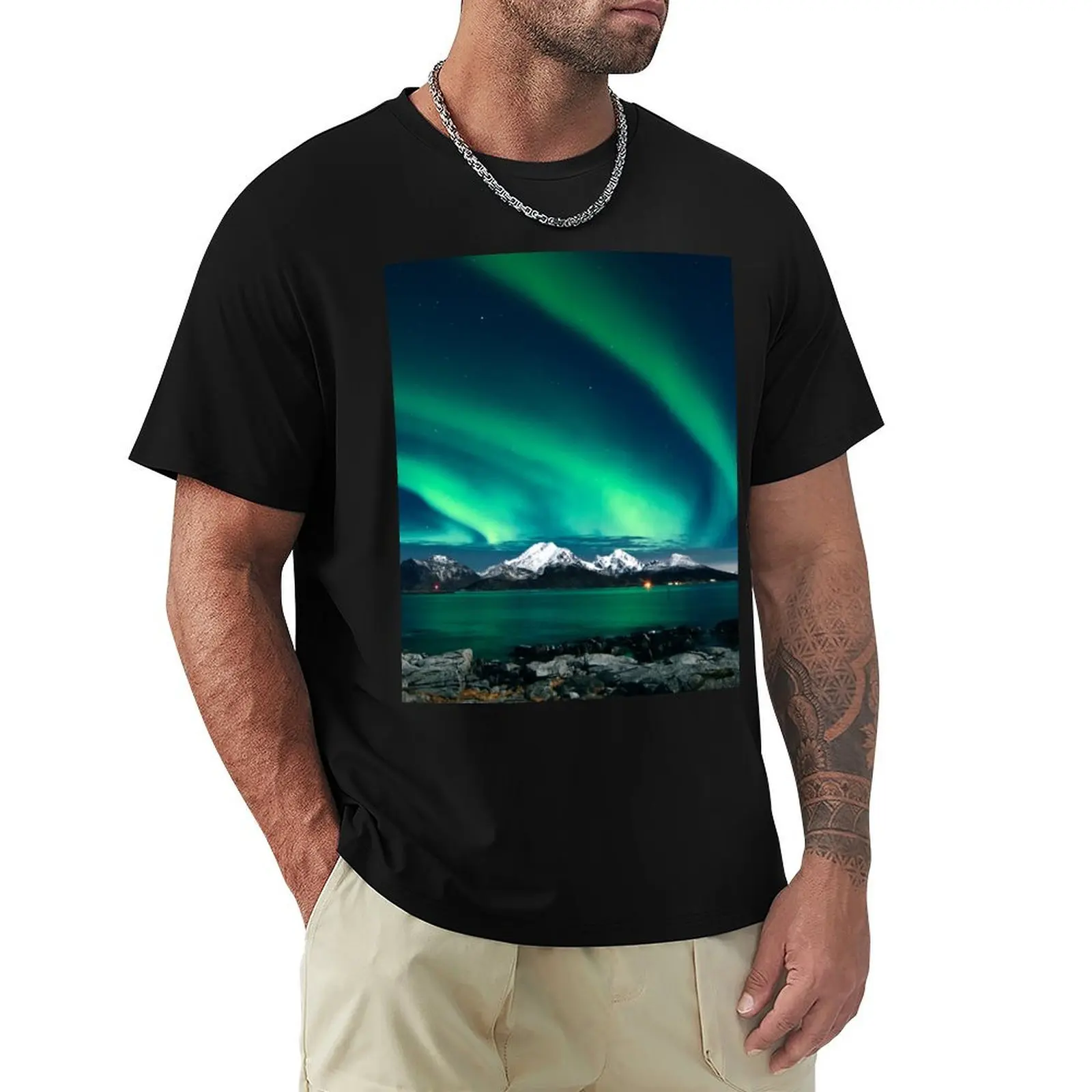 

northern lighs sky above snowed mountains with a phenomenon sea T-Shirt custom t-shirts anime tshirt funny t shirts men