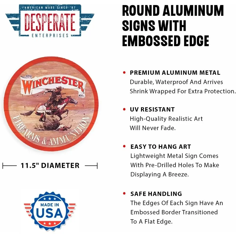 Desperate Enterprises Winchester Round Aluminum Sign with Embossed Edge - Nostalgic Vintage Metal Wall Décor - Made in U