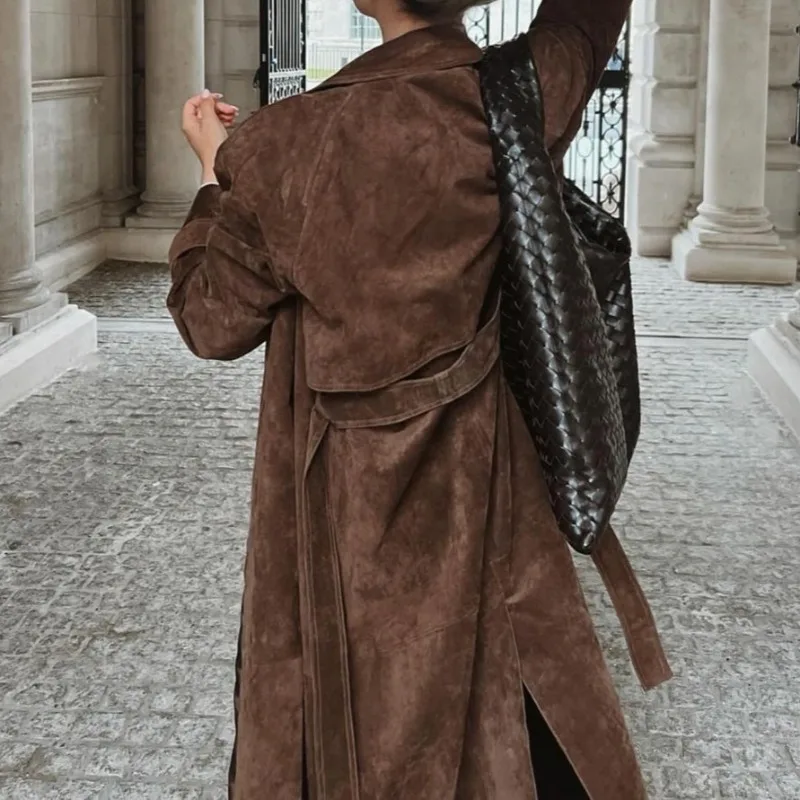 

Lace-up Waist Extended Brown Copy Suede Jacket European American Cross-border Casual Warm Fashion Coat Comfortable and Casual