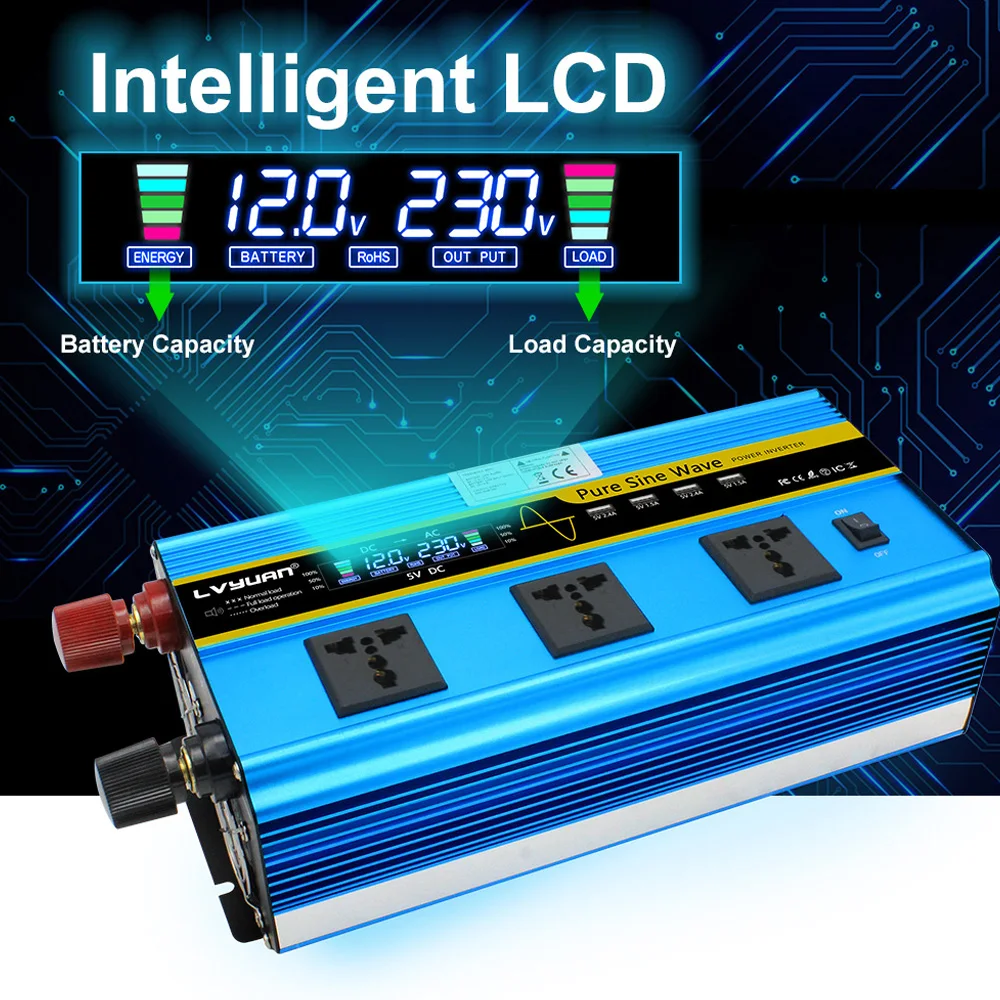 5000W Pure Sine Wave Power Inverter DC12V/24V to AC220V Car Voltage Converter 3AC Socket 4USB Port LCD For RV Camping Emergency