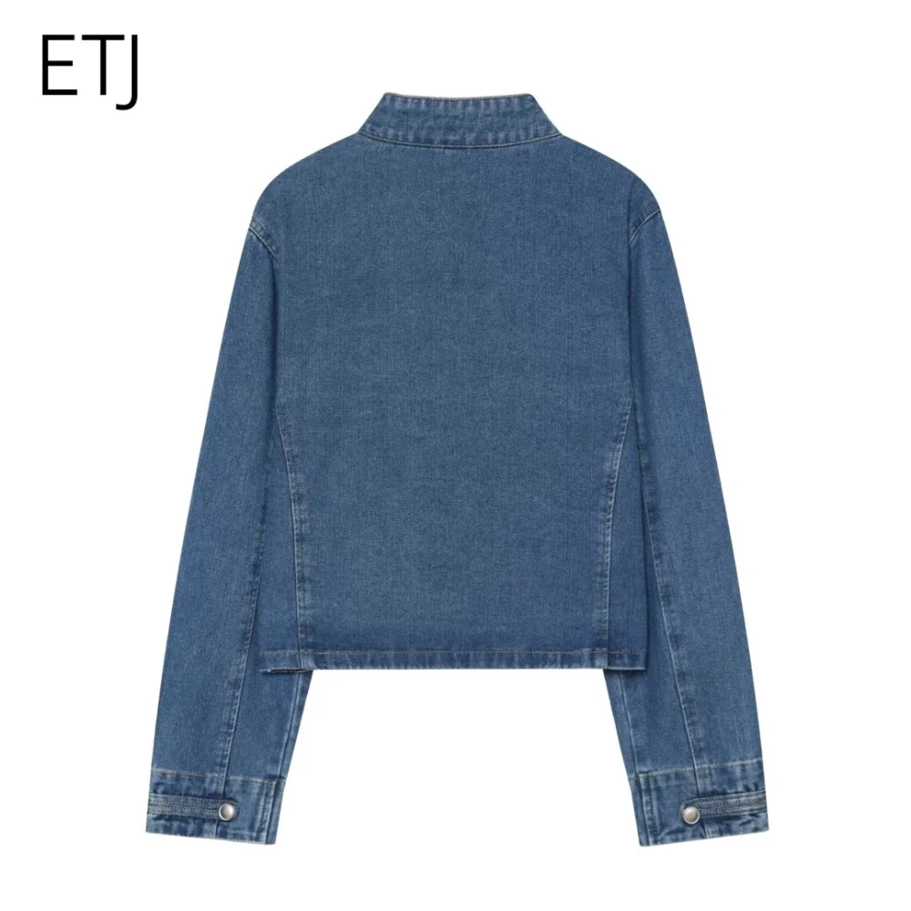 ETJ 2026 Damen Napoleon-Stil Jeansjacke Vintage Militär Doppelreihiger Mantel Silberne Knöpfe Slim Fit Herbst Oberbekleidung – Detail 28