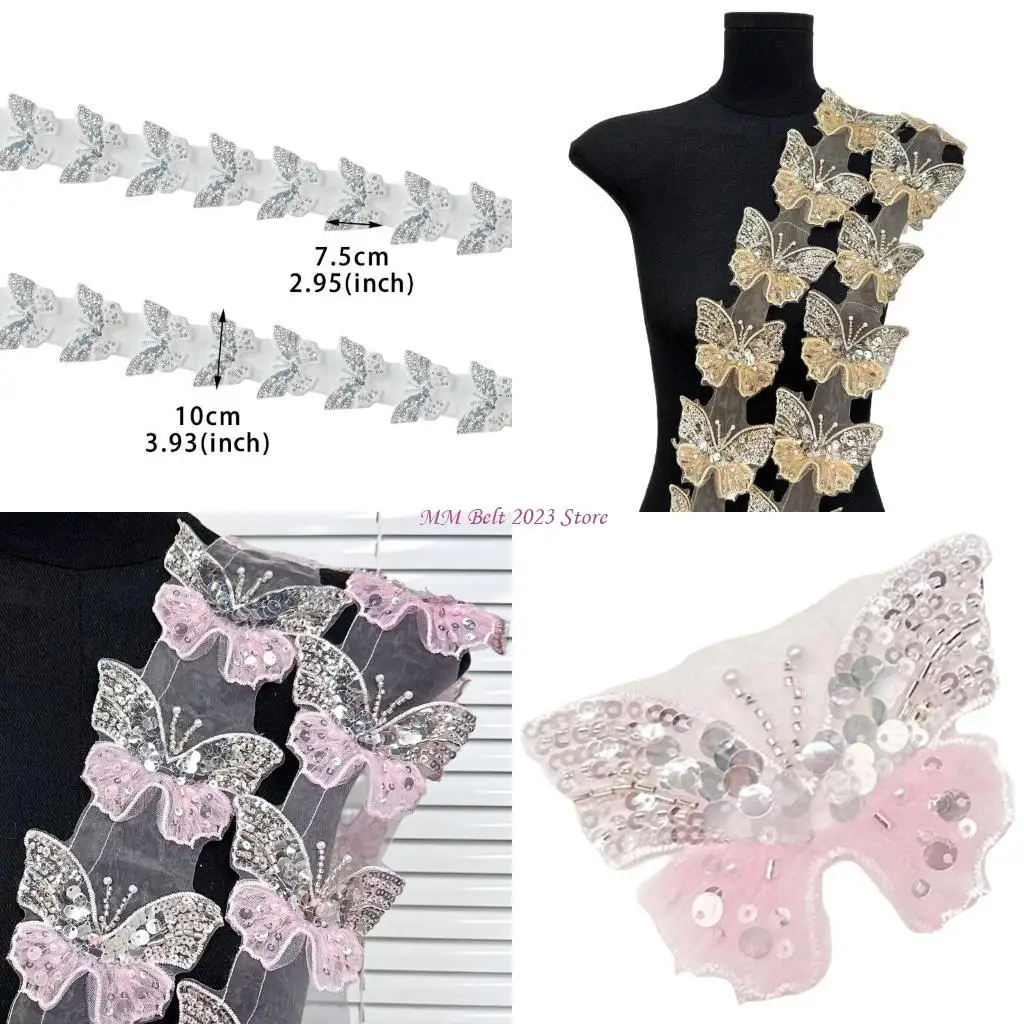 

49ME Sequined Butterfly Sew Patches Tulle Trimmings Applique for Wedding Dress Curtain Scarf Diy Decorations