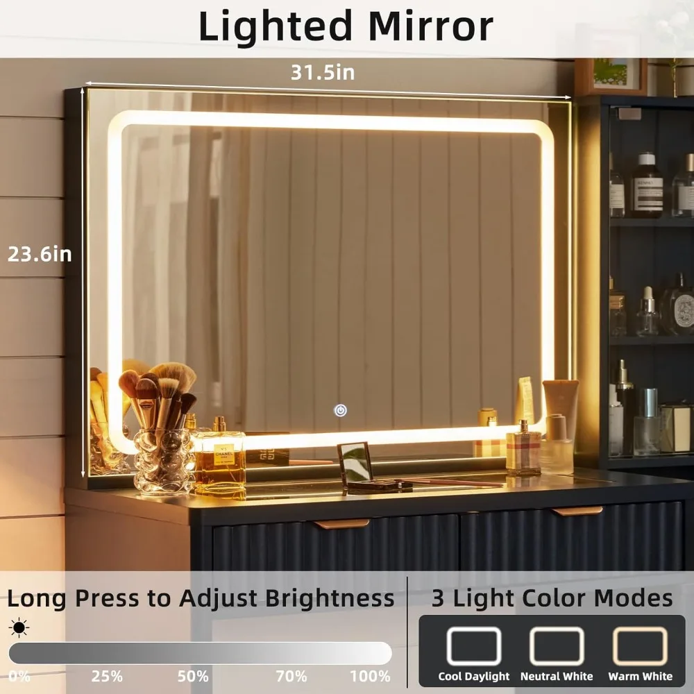 مكتب مكياج أزرق مضيء مع سطح زجاجي ومخرج طاقة، طاولة زينة مقاس 43.5 بوصة