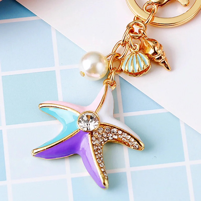 Rhinestone Crystal Metal Keychain Lovely Cartoon Marine Animal Starfish Keyring Girl HandBag Car Pendant Key Chain