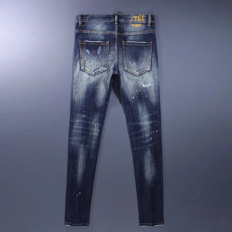 Y2K new men's jeans, scratch painted, washed, nostalgic, stretchy, slim fit, blue jeans, high street designer, hip-hop b
