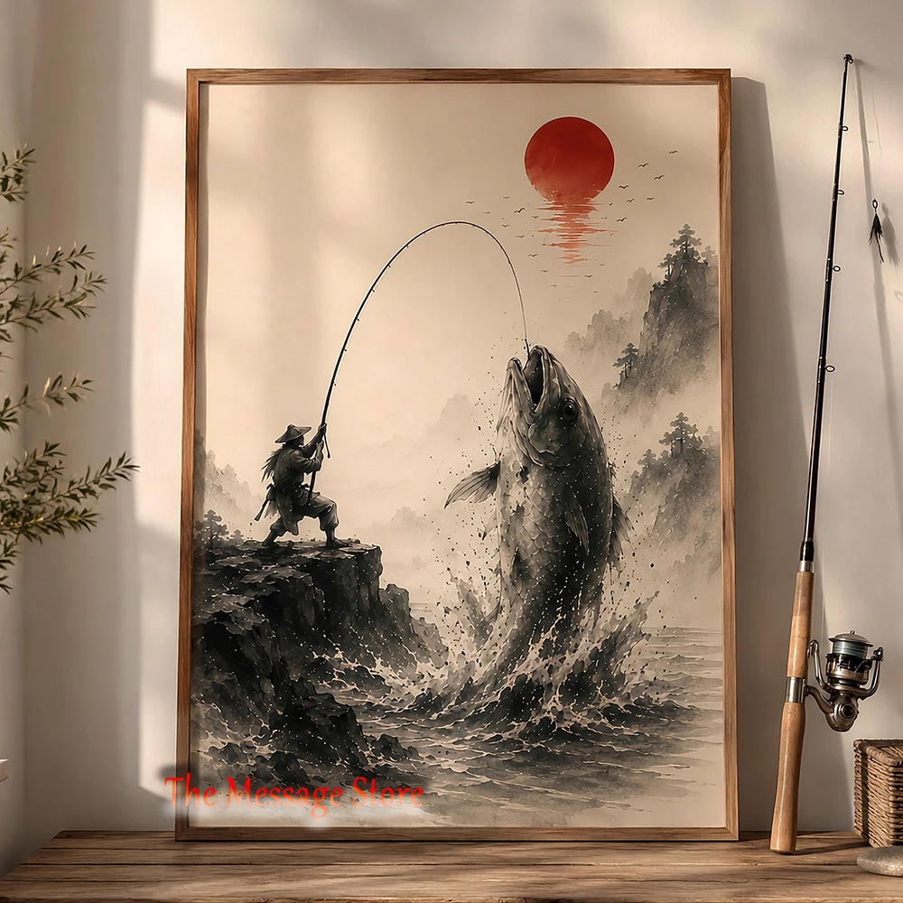Japanese Zen Lifestyle - Seni Dinding Pemancing Samurai Jepang Japandi