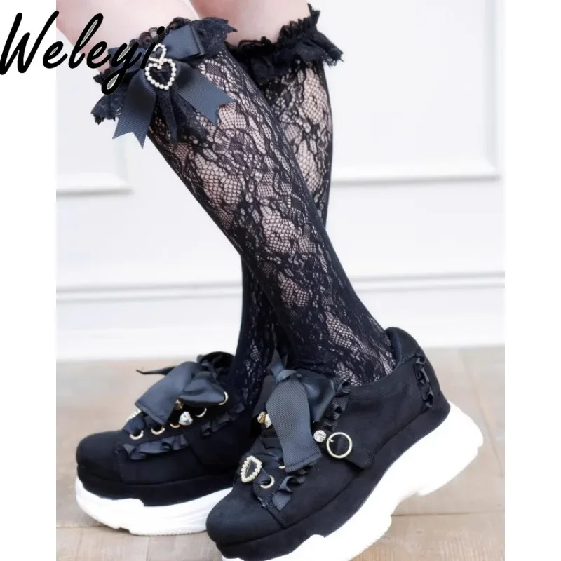 

Sweet Bow Pearl Love Black Lace Socks Jirai Kei Woman Autumn Japanese Style Handmade Kawaii Beaded Pendant Mid Tube Socks Ladies