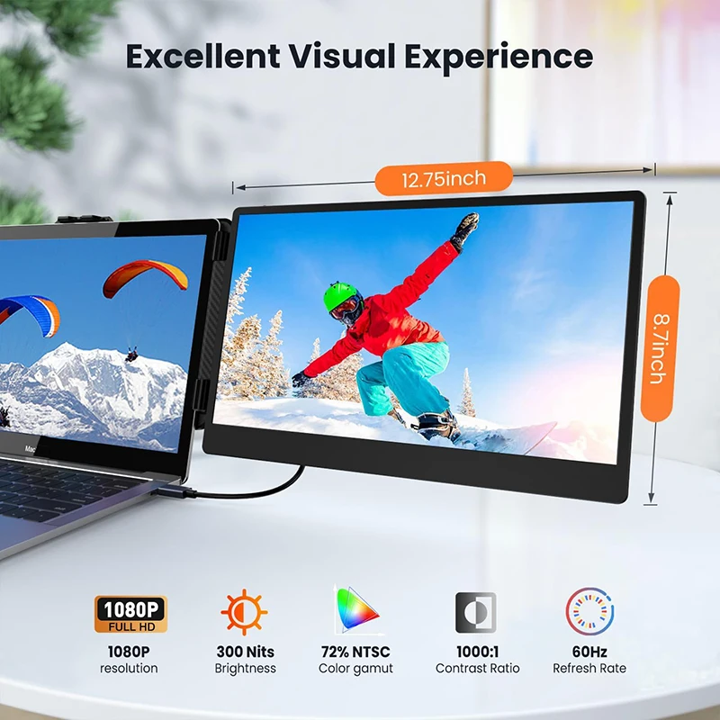 موسع شاشة الكمبيوتر المحمول المحمول 14 بوصة IPS FHD 1080P شاشة كمبيوتر محمول للسفر باللون الأسود متوافقة مع نظام التشغيل Windows Mac Travel Work #3