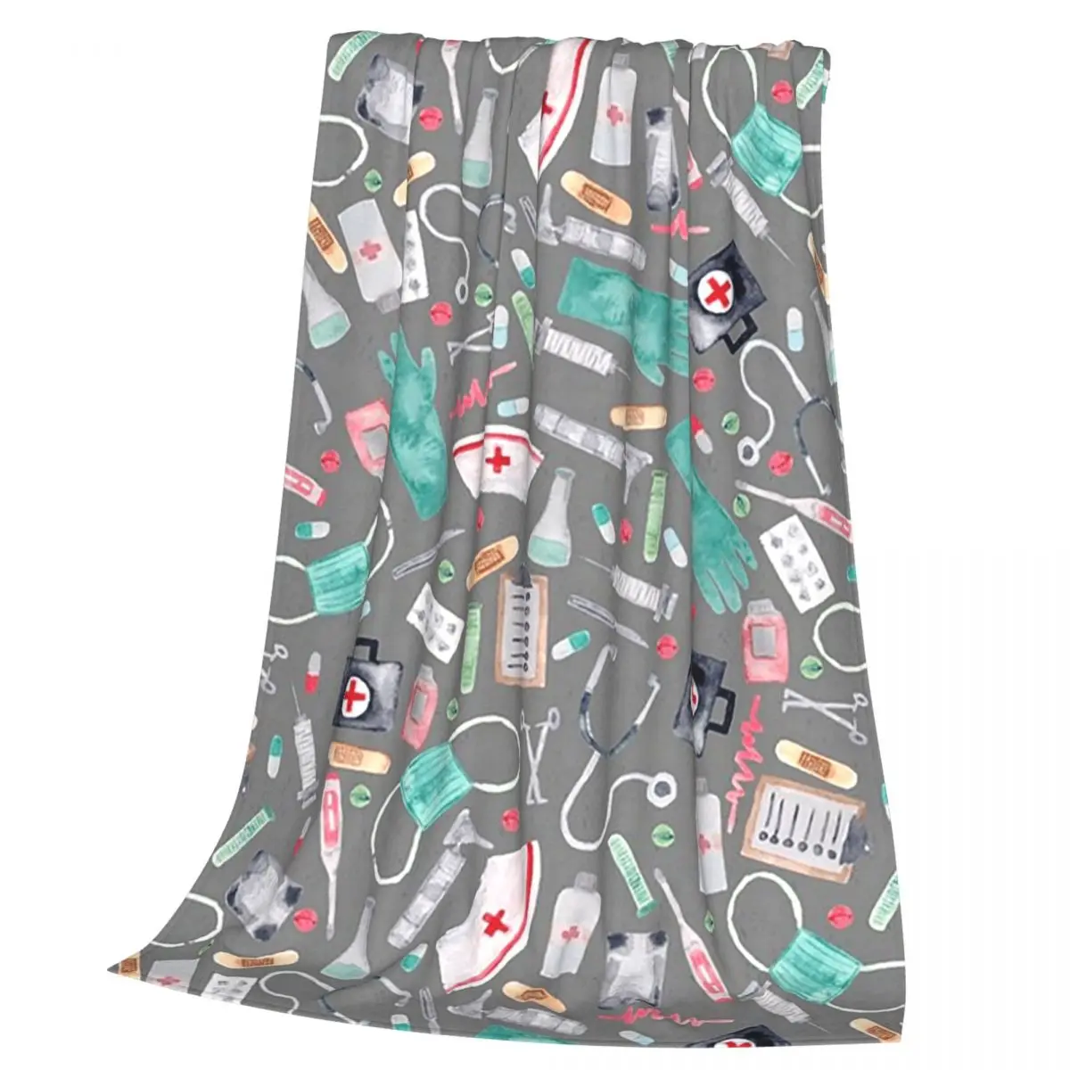 Medical Pattern Doctor Nurse Watercolor Grey Texture Blanket Soft Warm Flannel Throw Blanket Cover for Bed Travel Home Sofa