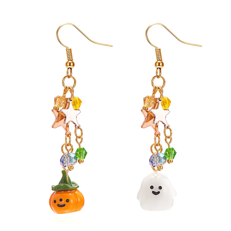 1Pair Halloween Cute Dangle Asymmetrical Earrings Cartoon Ghost Pumpkin Star Long Tassel Earrings For Women Party Jewelry Gift image 5