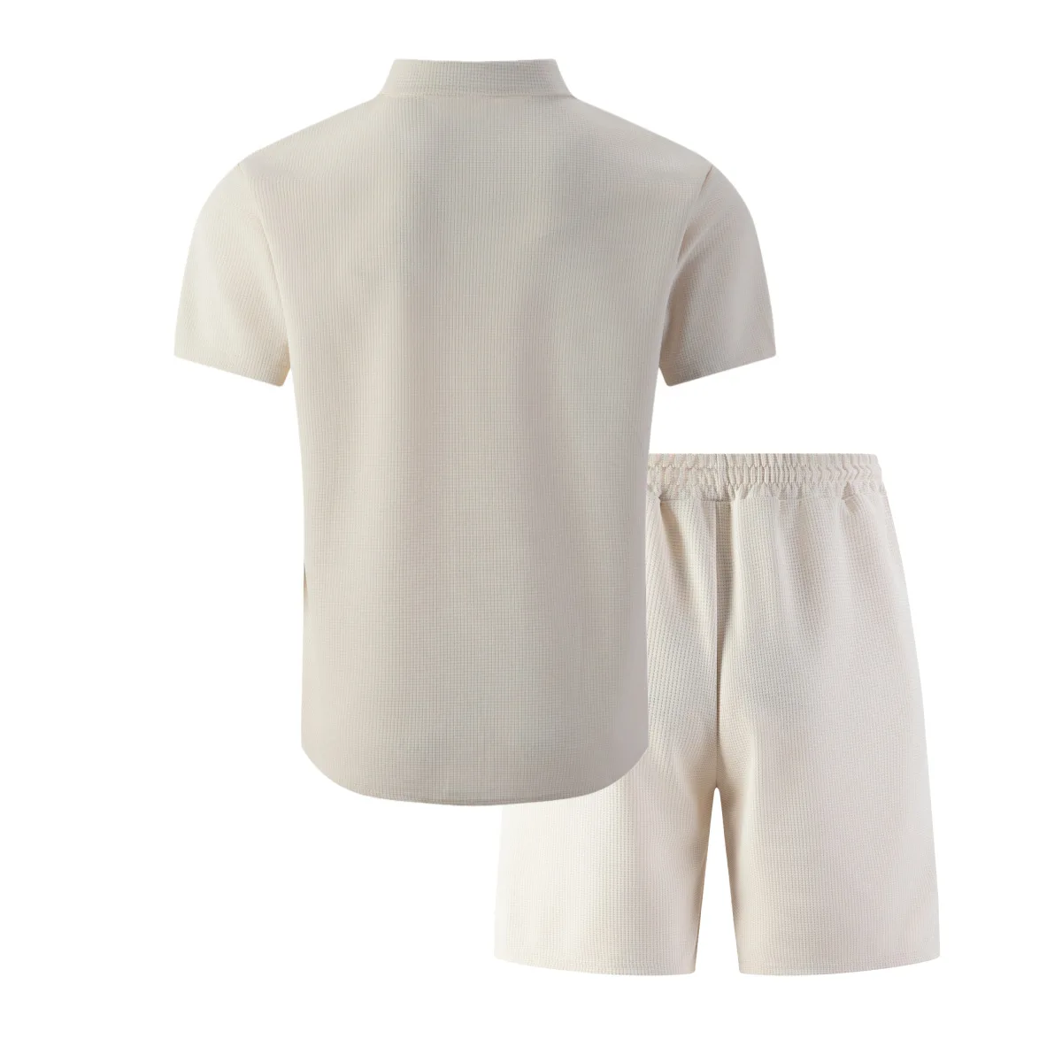 Summer New Men Waffle Knit Polo Solid Color Lapel Short Sleeve Cardigan Shirt Pocket Shorts Set Casual 2 Piece Outfit For Male