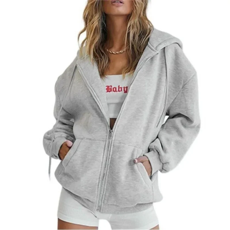 Fashion Gray Zip Up Sweatshirt Women Autumn Winter Jacket Clothes Hoodies Daily Pockets Long Sleeve Solid Versatile Lady Hoodies