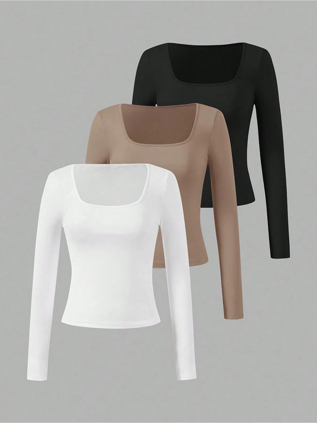 

3PC fashion casual plus size three piece set, solid color round neck long sleeved square neck T-shirt top