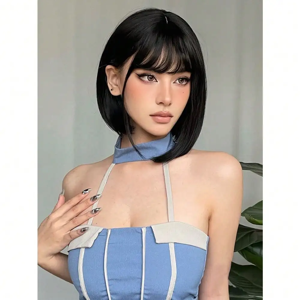 

Black Short Bob Synthetic Wig Natural Black With Bangs Synthetic Bob Wigs For Women