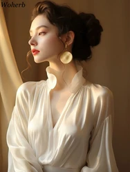 2024 Korean Chic Shirt Women Clothing Stand Neck Lantern Sleeve Blouses Loose Elegant Blusas De Mujer Folds Vintage Blouse Tops