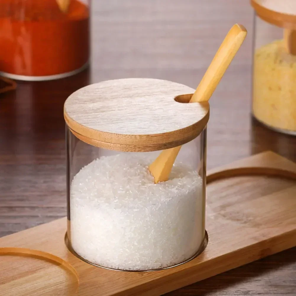2025 nuevo tarro de vidrio para condimentos para el hogar de 300ml con tapa, cuchara, olla para condimentos, salero, organizador de botellas de azúcar, almacenamiento de suministros de cocina