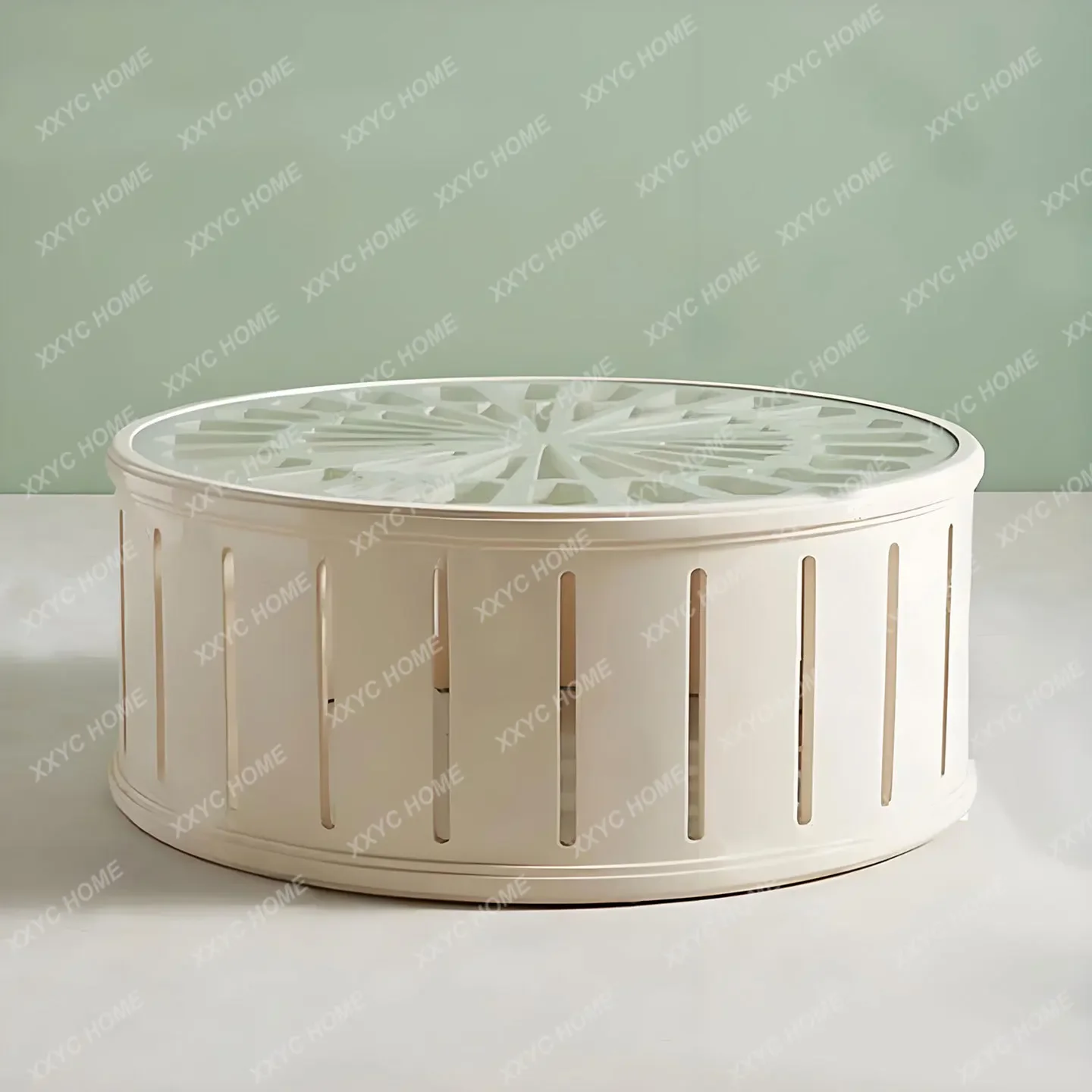Solid wood round coffee table retro white small apartment glass surface coffee table