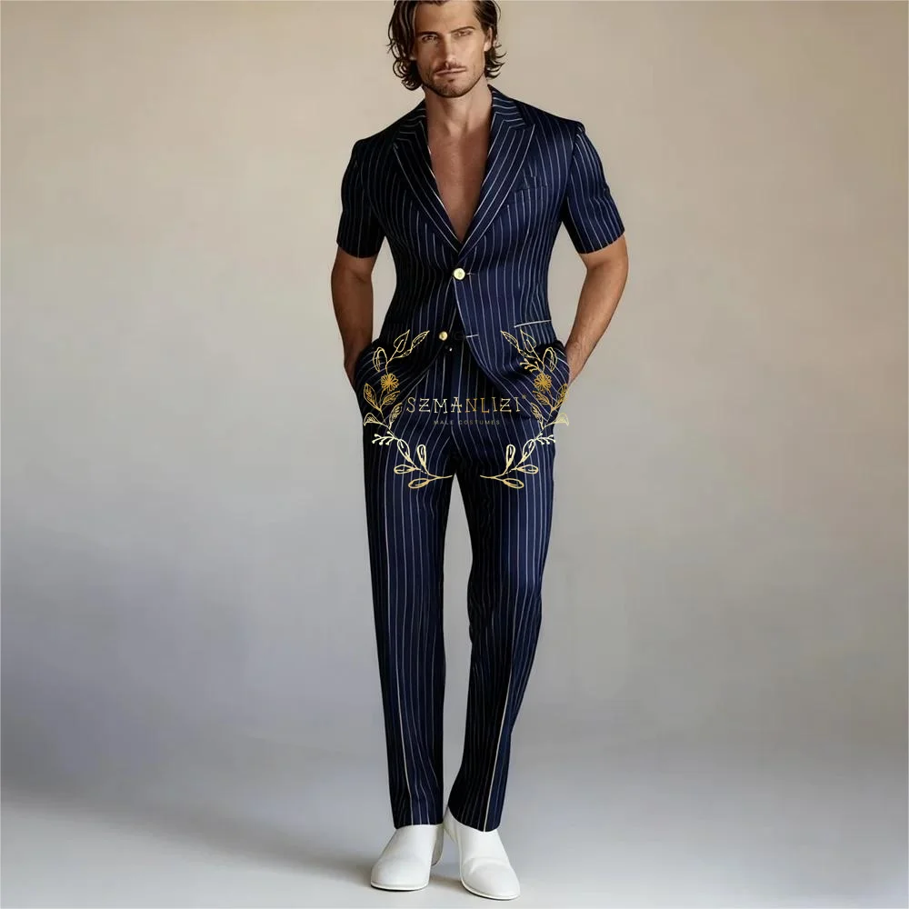 

Navy Blue Casual Striped Men Suits 2 Pieces Peaked Lapel Short Sleeves Slim Fit Costume Homme Formal Wedding Blazer Men Tuxedos