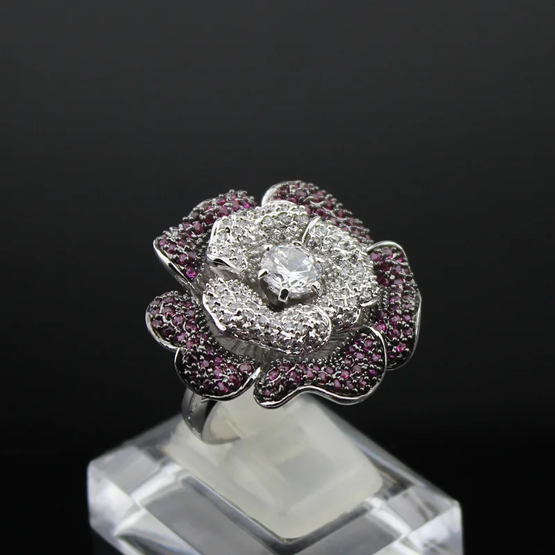 

LYCOON женское роскошное кольцо с цветочным цирконием, высококачественные фиолетовые кольца с кубическим цирконием, костюм, вечернее кольцо