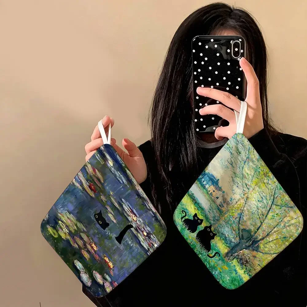 Claude Monet Artworks Interesting Cute Black Cat Lotus Pond Polyester Cotton Hanging Kitchen Towel,Hand Wiping Towel For Hotel