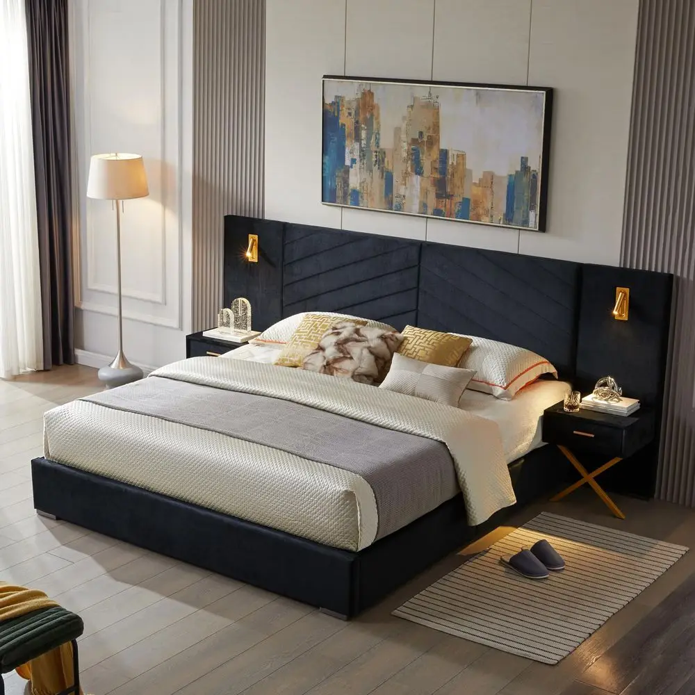 

King Platform Bed Frame, Velvet Upholstered Headboard with 2 Builtin Wall Sconces amp Nightstands, Sturdy Metal amp Solid Wood