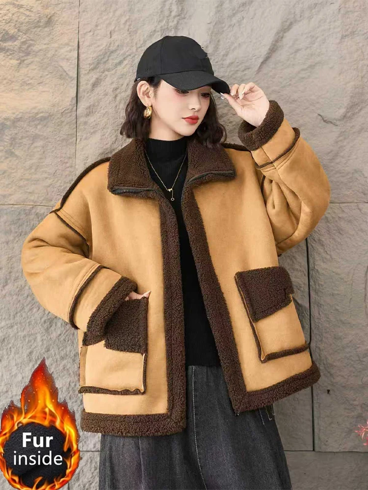 Amax lulue 2025 moda elegante casacos de camurça de pele feminina solta vintage casual jaquetas quentes senhoras clássico coreano engrossar outerwear