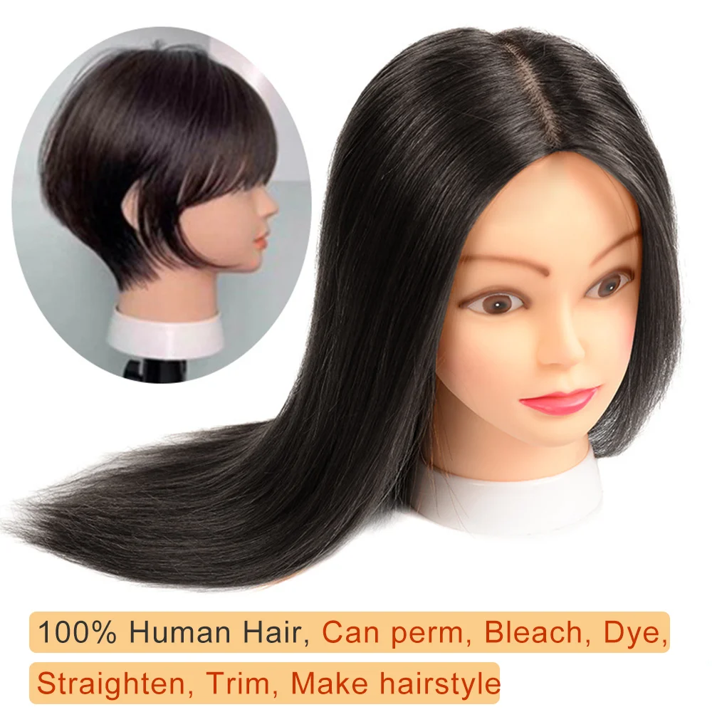 Mannequin Head with 100% Human Hair Dark Brown and Natural Black Training Head,Cosmetology Doll Head Practice for Hair