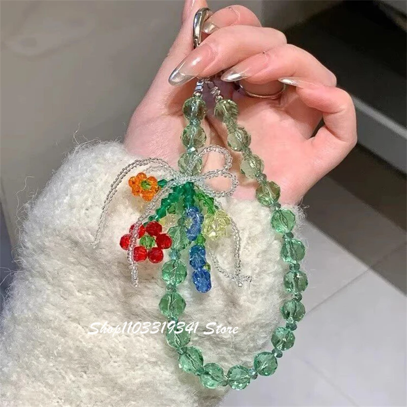 

INS Bling Crystal Flower Bead Phone Charm Chain For Phone Bag Universal Accessories Handheld Chain Anti-Loss Short Wrist Lanyard