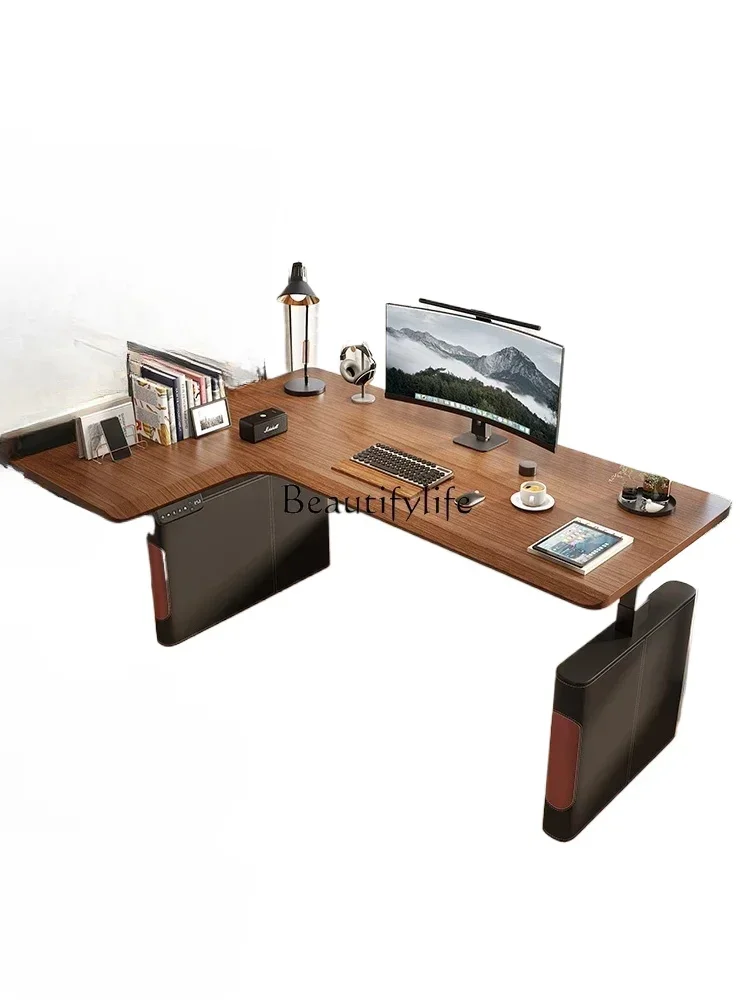 

Corner Solid Wood Electric Lifting Desk Corner Computer Desk Saddle Leather Black Walnut Color Desk