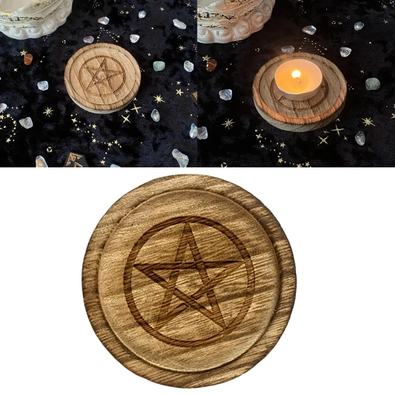 Astrology Pentagram Wooden Candlestick Tarot Altar Plate Divination  Candle Holder Table Energy Witch Ceremony Accessories