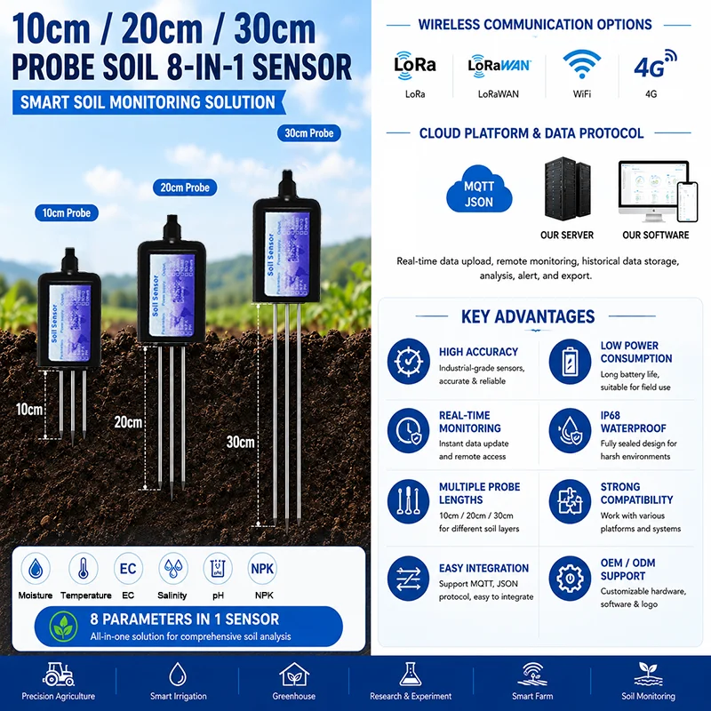Length Customizable RS485 RTU Modbus Plant Professional Soil Temperature EC Moisture PH NPK Salinity