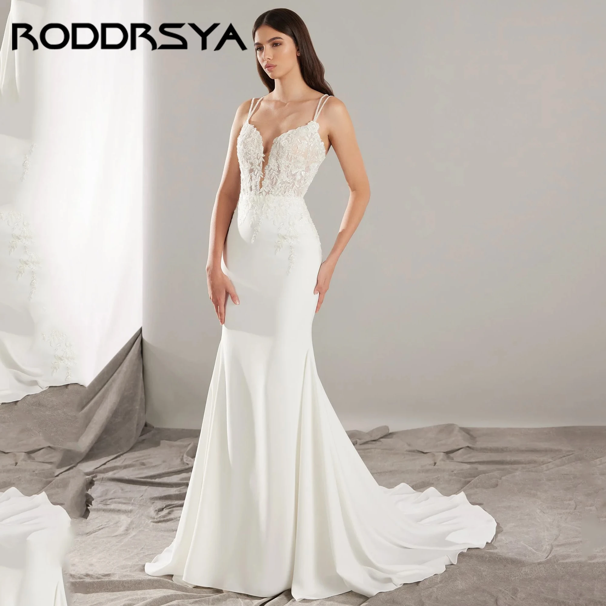 

Mermaid Appliques Wedding Dress Crepe V-Neck Spaghetti Garps Backless Bride Gowns Boho Bridal Dress Vestidos De Novia Customized