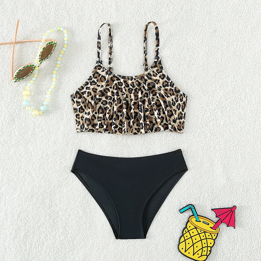 5-14 Jahre Kinder Badeanzug für Teenager Mädchen Leopard Bikini Sets geteilt zweiteilige Sommer Mädchen Bade bekleidung