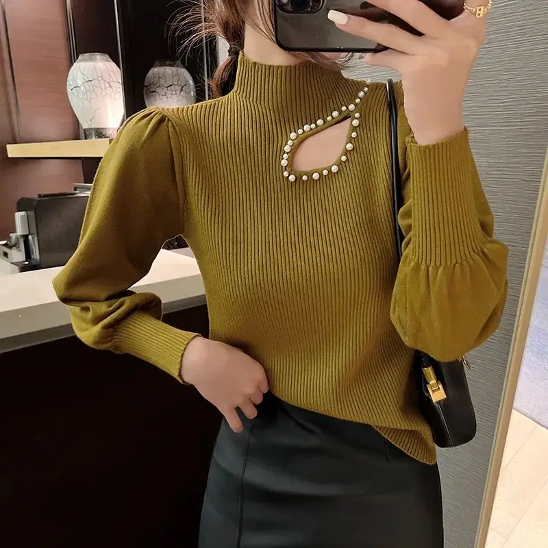 Half Height Collar Solid Color Pullover T-Shirt Autumn Hollow Out Splicing Nail Bead Long Puff Sleeve Thread Knitted Women Tops