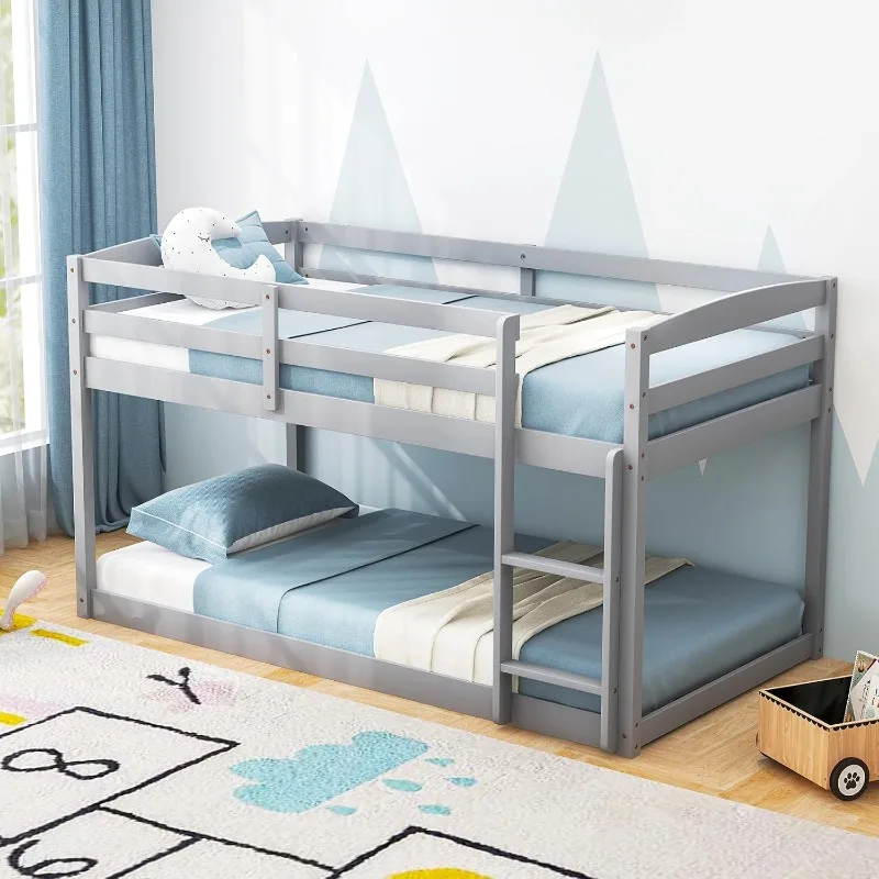 KOMFOTT Solid Wood Bunk Bed Frame with Built-in Ladder & Safety Guardrails, Space-Saving Low Bunk Bed