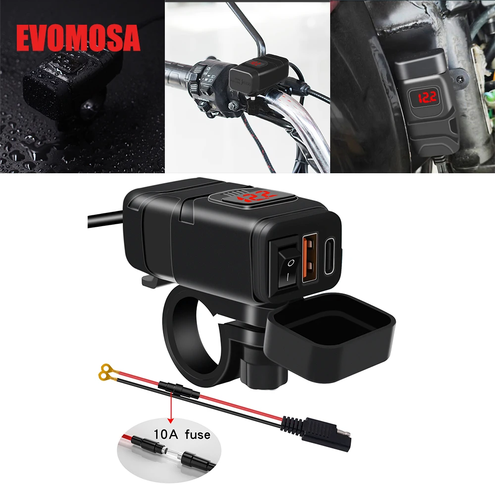 QC3.0 Motorcycle USB Charger Waterproof 12V-24V Power Supply Adapter with Switch Voltmeter Socket Mobile Phone Charger Type-C
