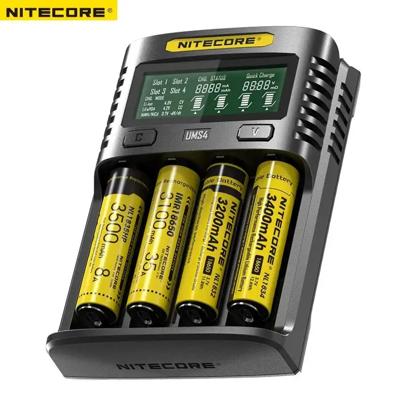 NITECORE UMS4 pengisi daya baterai Universal USB layar LCD Output pengisian daya cerdas QC untuk obor 26650 18650 21700 16340 18350